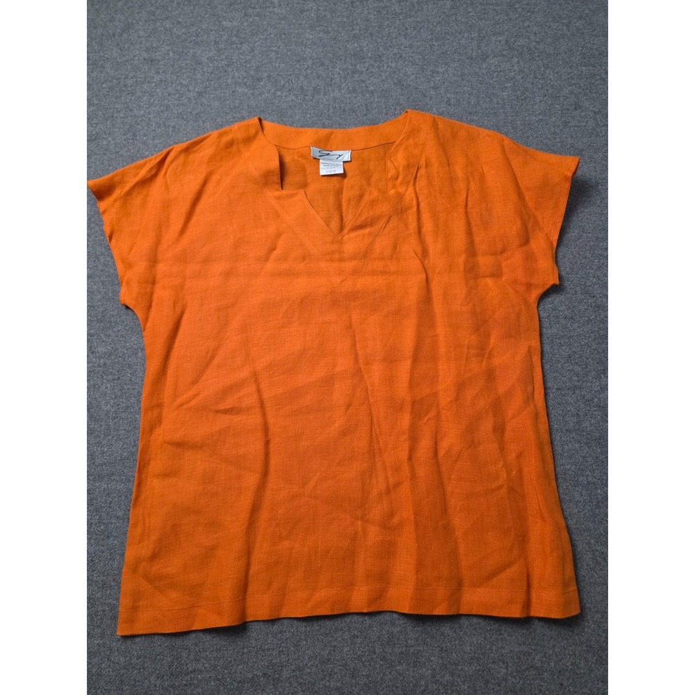 Genny Vintage Linen Blouse Top Womens 4 Orange Short Sleeve V-Neck Made in Italy